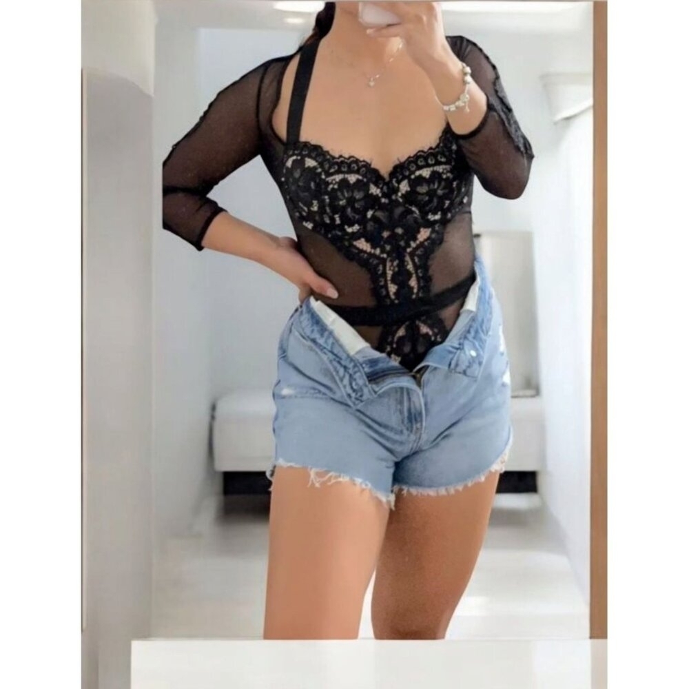 Victoria’s Secret Black Sheer Lace Underwire Long-Sleeve Bodysuit Teddy 34C